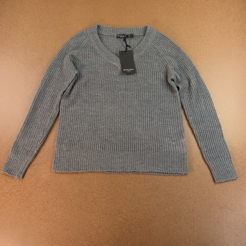 Brave Soul Women's Size XS Grey Melange Long Sleeve V Neck Knit Sweater NWT